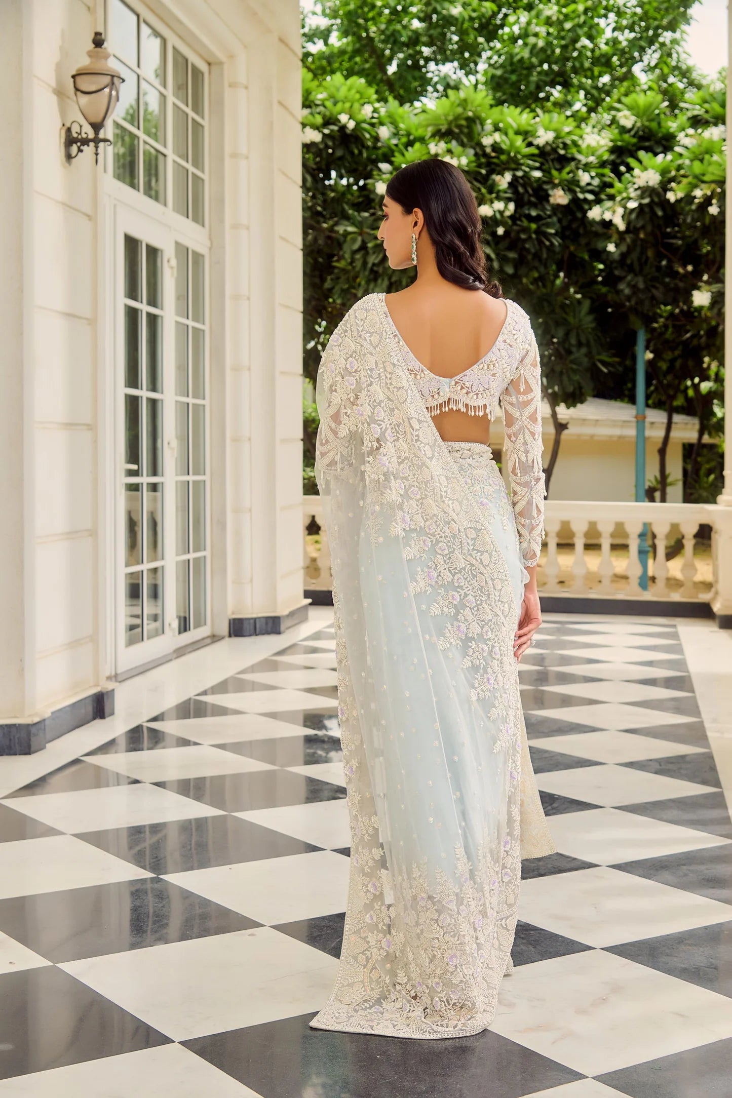 Soft Blue Pearl-Embroidered Georgette Saree (2-Piece) - Image 5