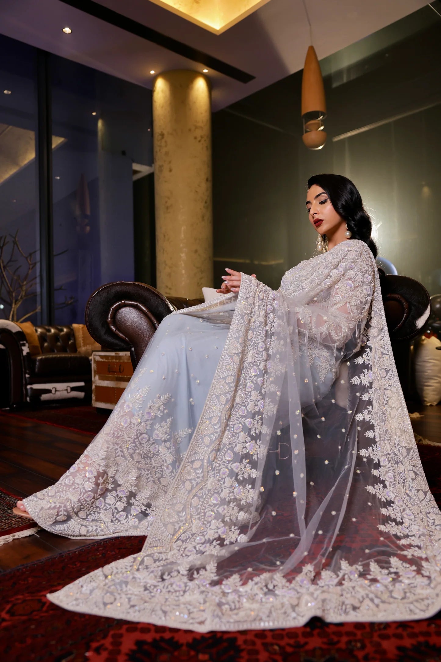 Soft Blue Pearl-Embroidered Georgette Saree (2-Piece) - Image 6