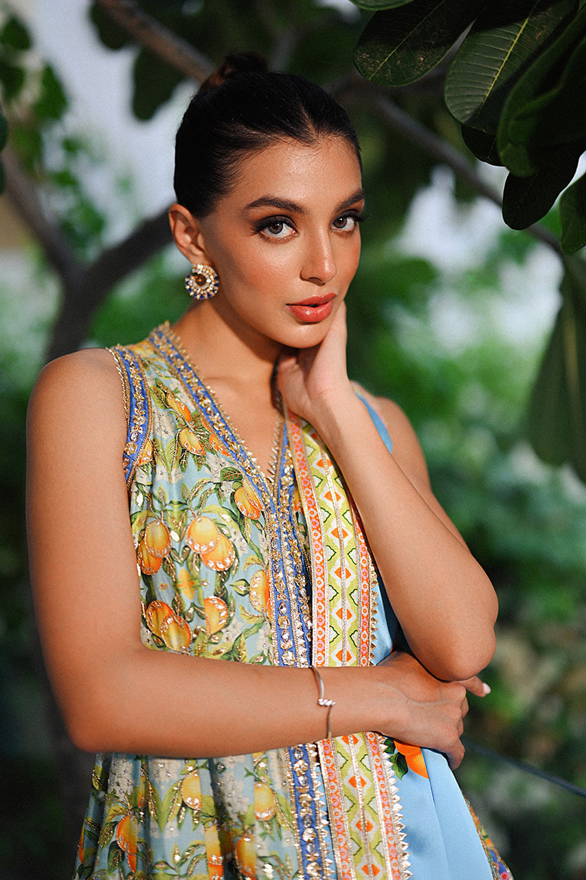 Pakistani Sky Blue Embroidered Khaddi Silk Pre-Draped Sari (2-Piece) - Image 7