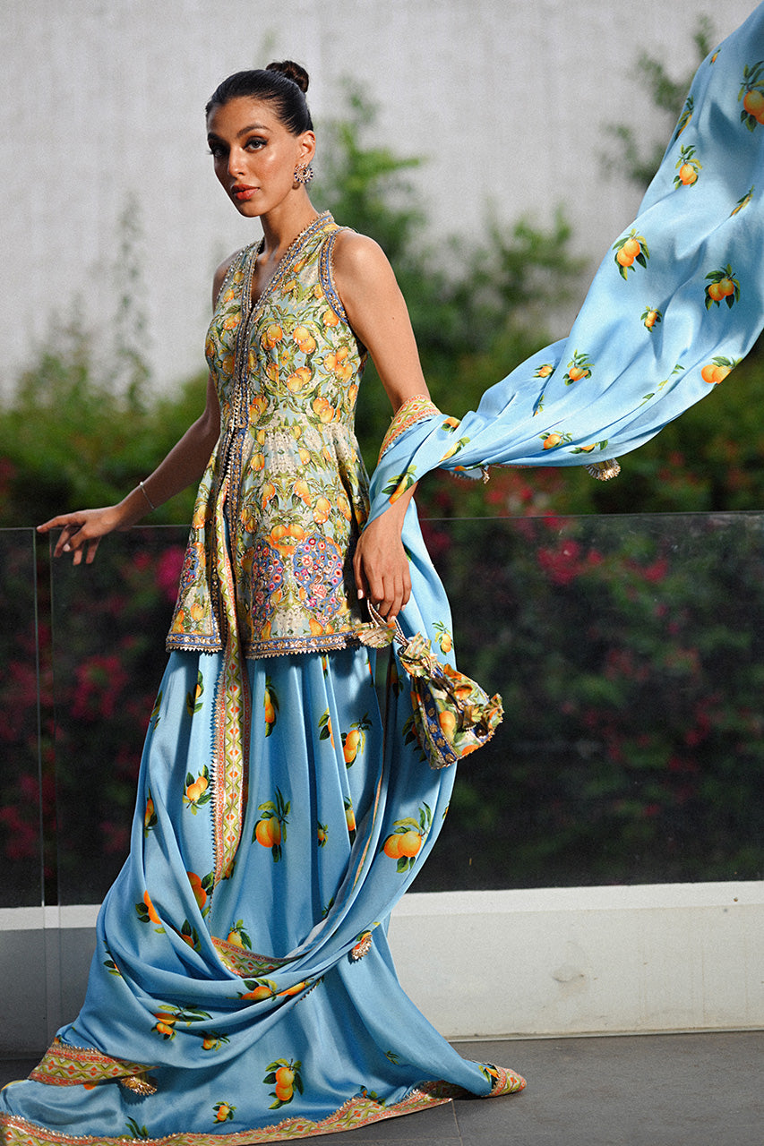 Pakistani Sky Blue Embroidered Khaddi Silk Pre-Draped Sari (2-Piece) - Image 8