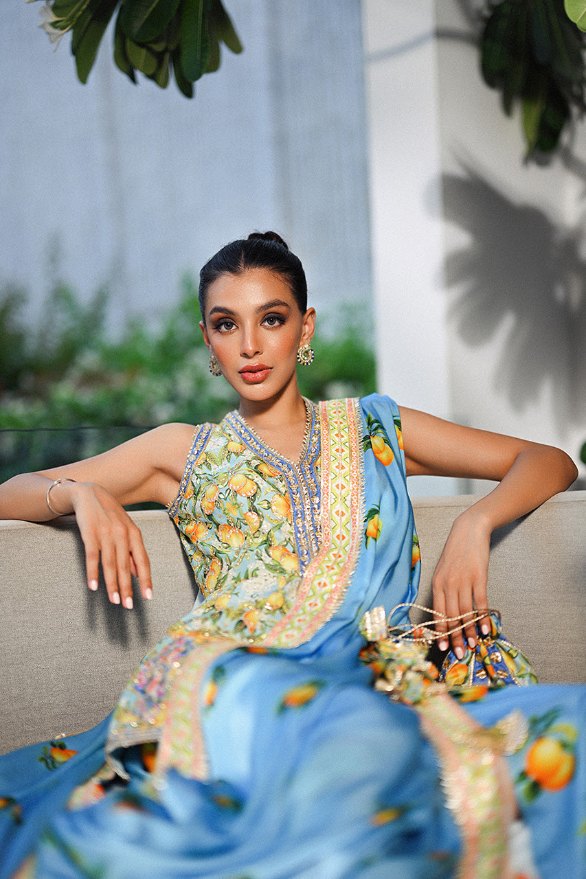 Pakistani Sky Blue Embroidered Khaddi Silk Pre-Draped Sari (2-Piece) - Image 9