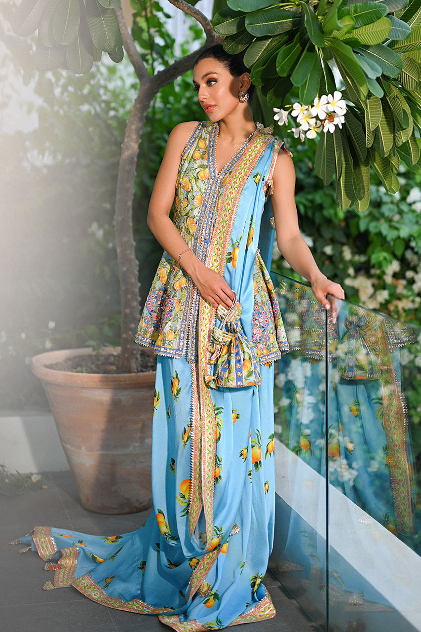 Pakistani Sky Blue Embroidered Khaddi Silk Saree (2-Piece) - Image 1