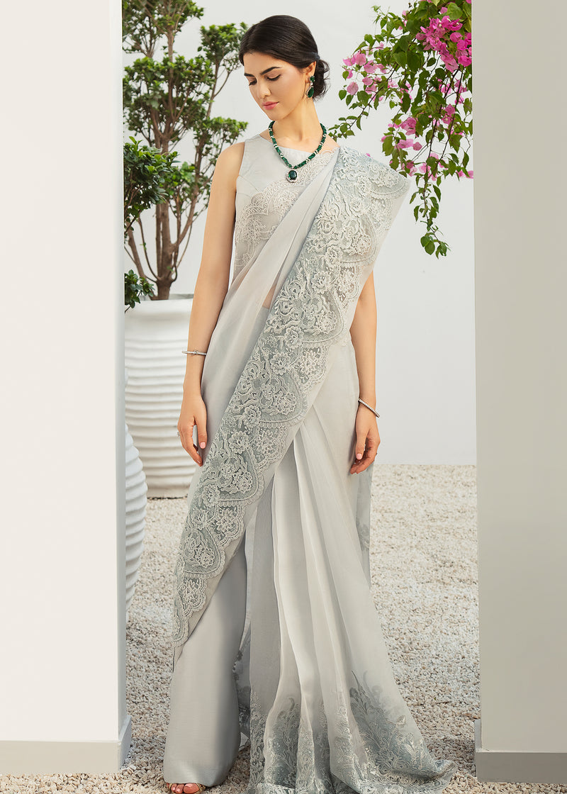 Ice Blue Net Lace Korean Silk Pant Saree (2-Piece) - Image 1