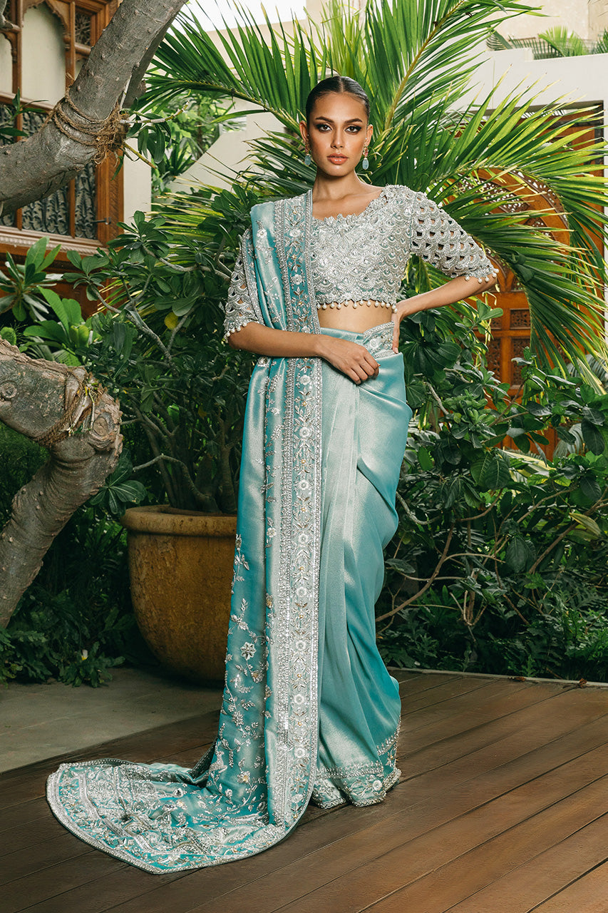 Pakistani Ice Blue Zardozi Lamé Saree (2-Piece) - Image 1