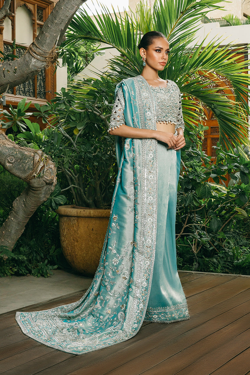 Pakistani Ice Blue Zardozi Lamé Saree (2-Piece) - Image 2