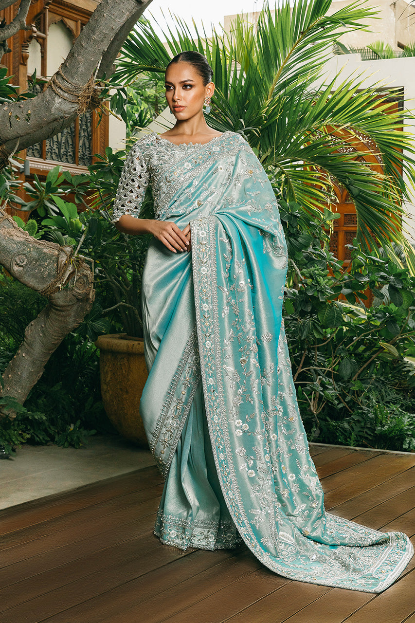 Pakistani Ice Blue Zardozi Lamé Saree (2-Piece) - Image 3