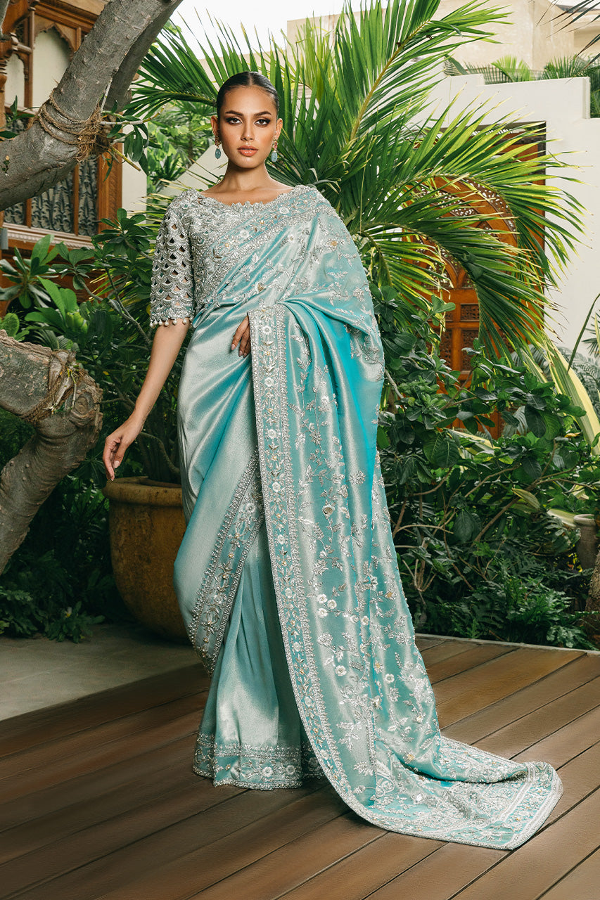 Pakistani Ice Blue Zardozi Lamé Saree (2-Piece) - Image 4
