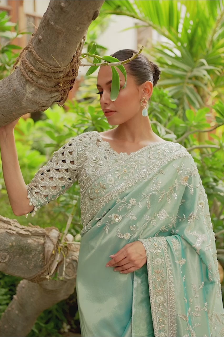 Pakistani Ice Blue Zardozi Lamé Saree (2-Piece) - Image 7