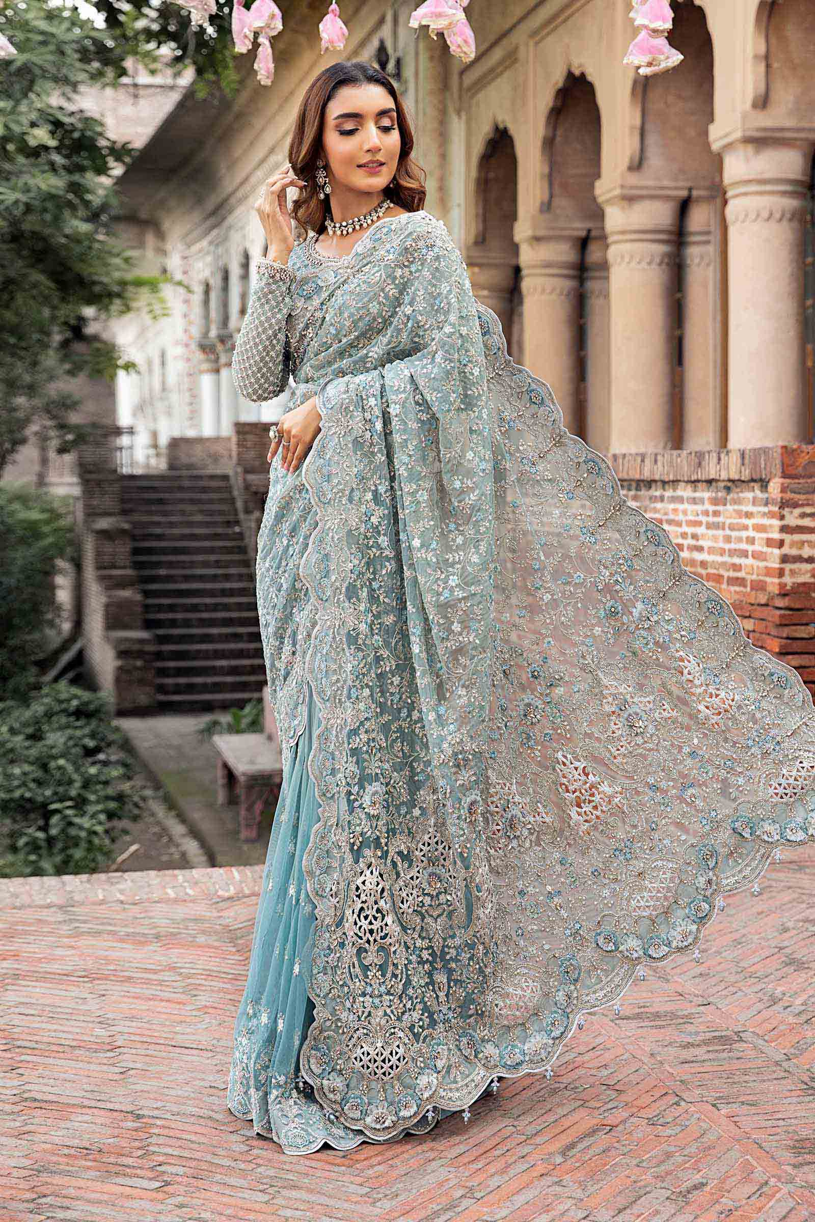 Ice Blue 3D Floral Net Saree (3-Piece) - Image 1