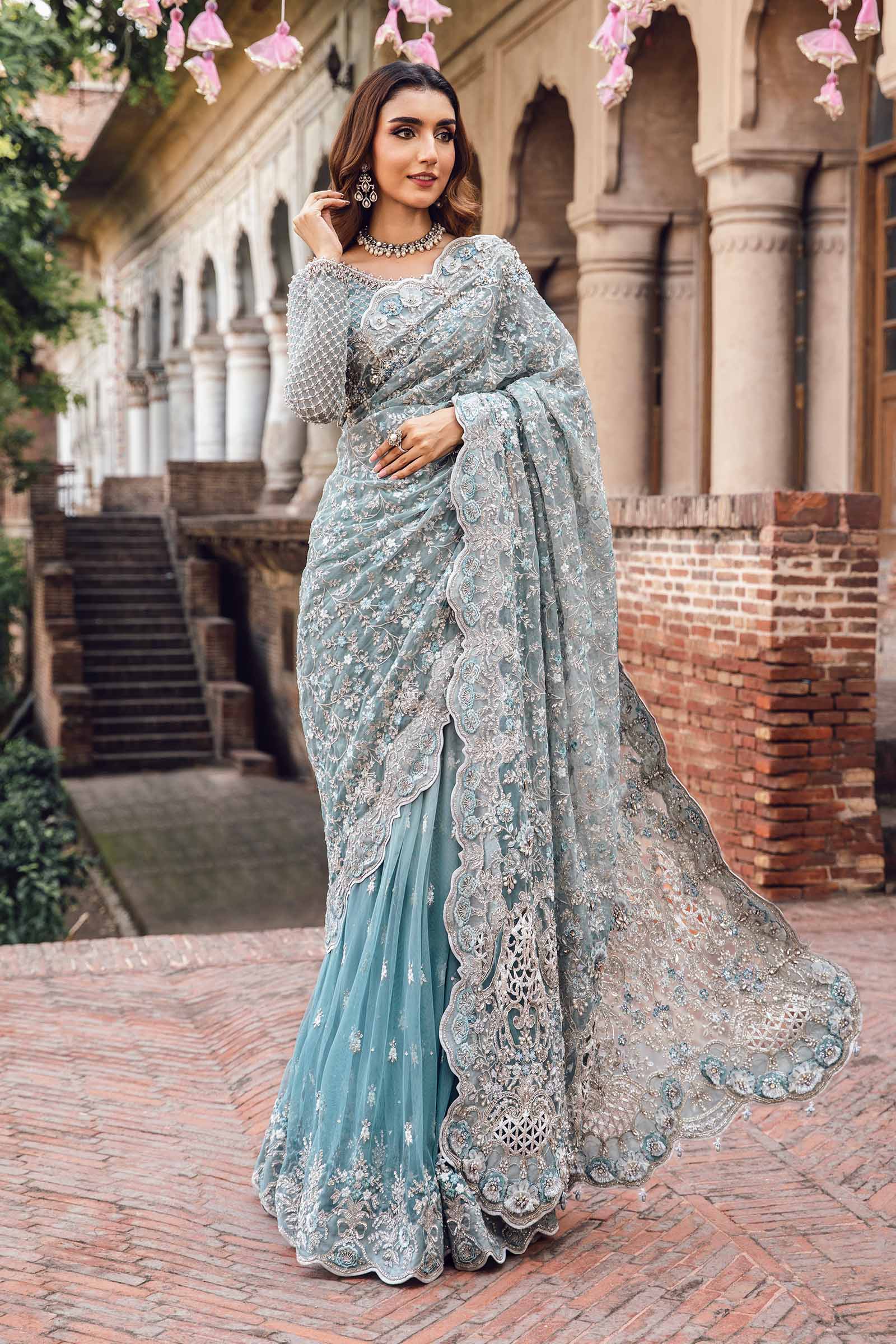 Ice Blue 3D Floral Net Saree (3-Piece) - Image 2