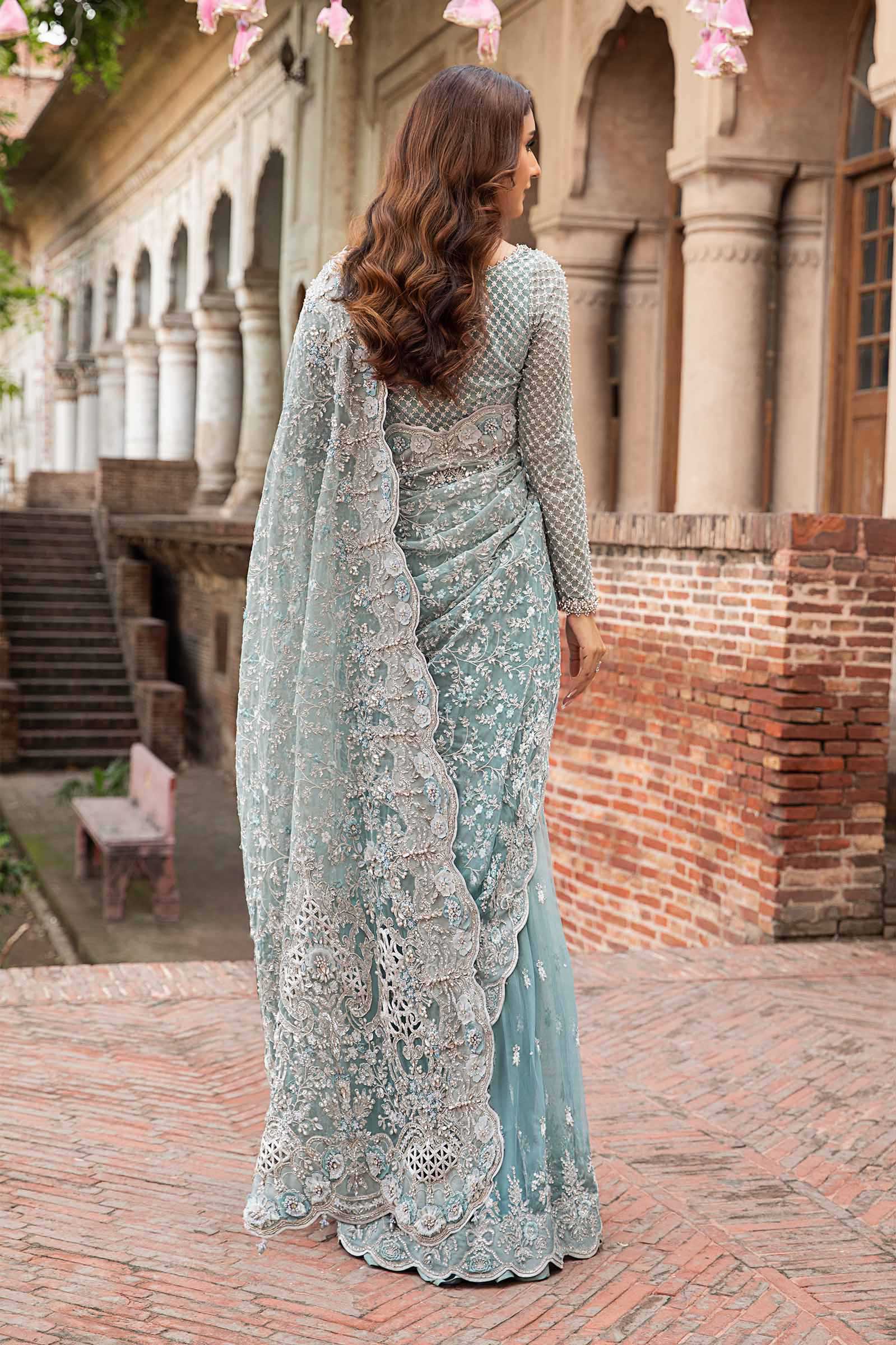 Ice Blue 3D Floral Net Saree (3-Piece) - Image 5