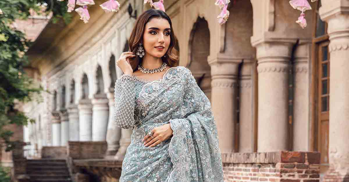 Ice Blue 3D Floral Net Saree (3-Piece) - Image 6