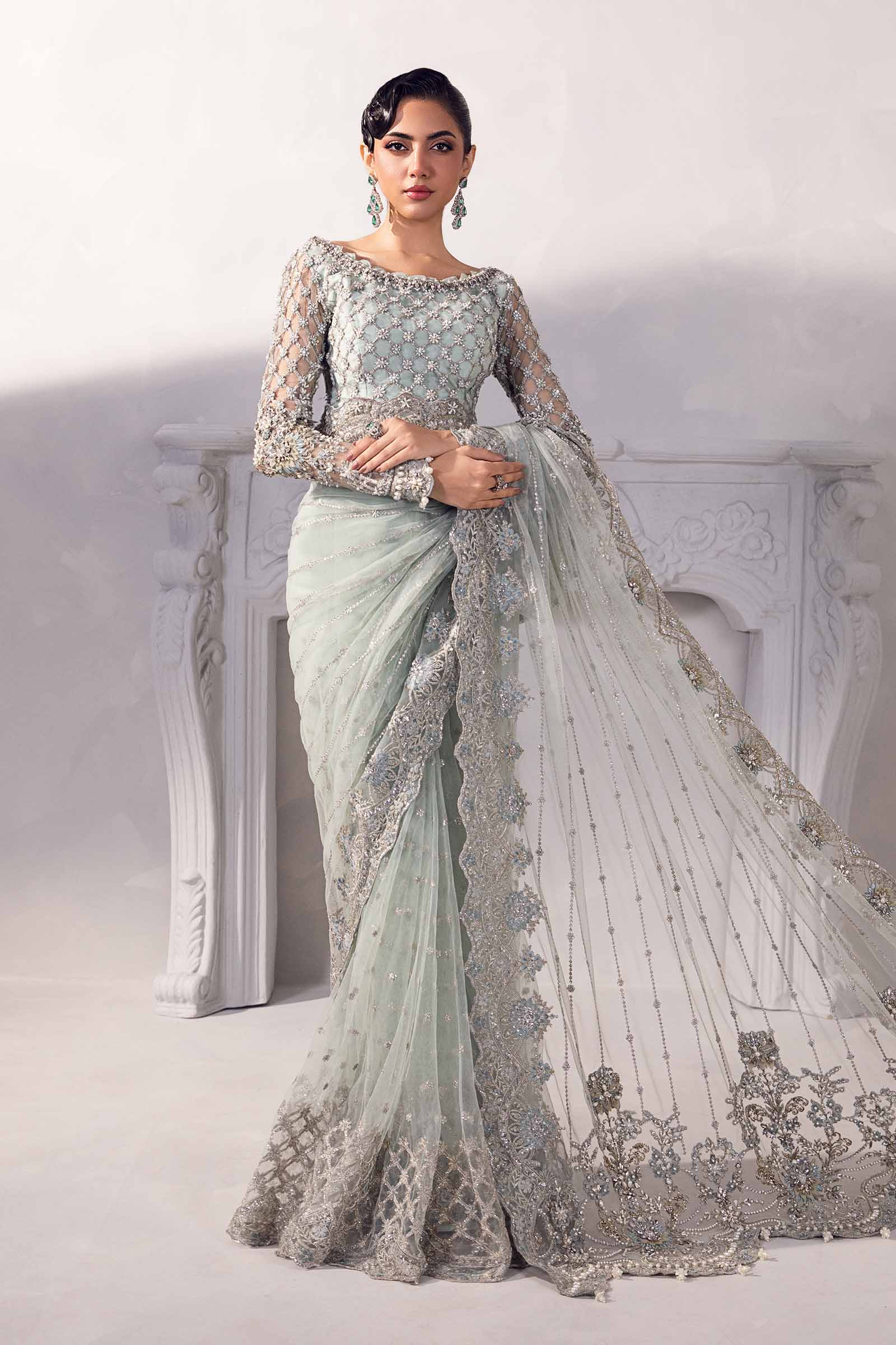 Pakistani Aqua 3D Floral Embroidered Net & Raw Silk Saree (3-Piece) - Image 1