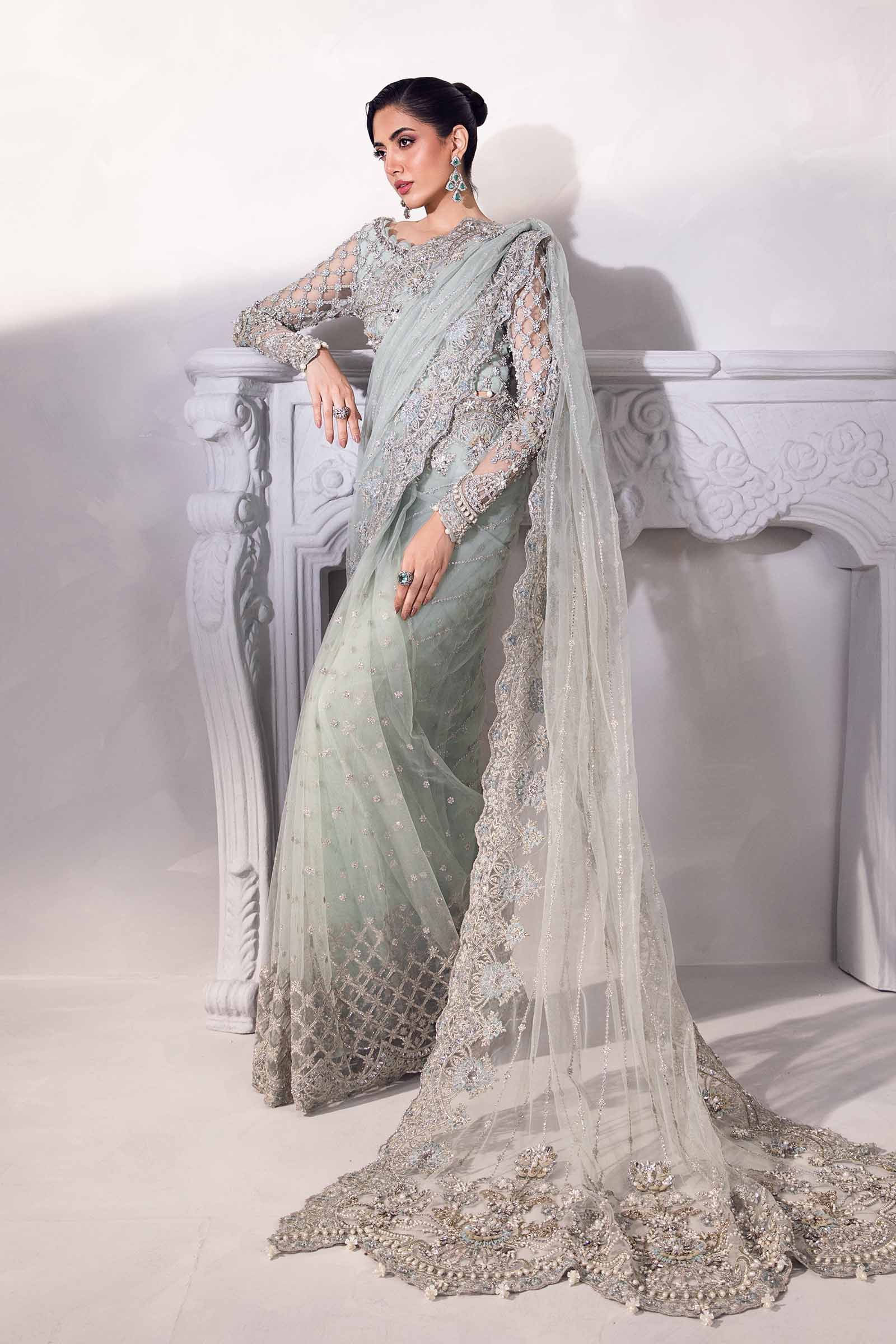 Pakistani Aqua 3D Floral Embroidered Net & Raw Silk Saree (3-Piece) - Image 4