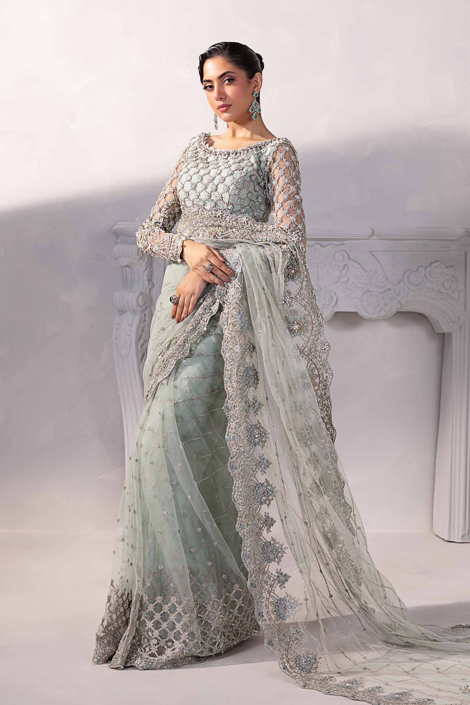 Pakistani Aqua 3D Floral Embroidered Net & Raw Silk Saree (3-Piece) - Image 5