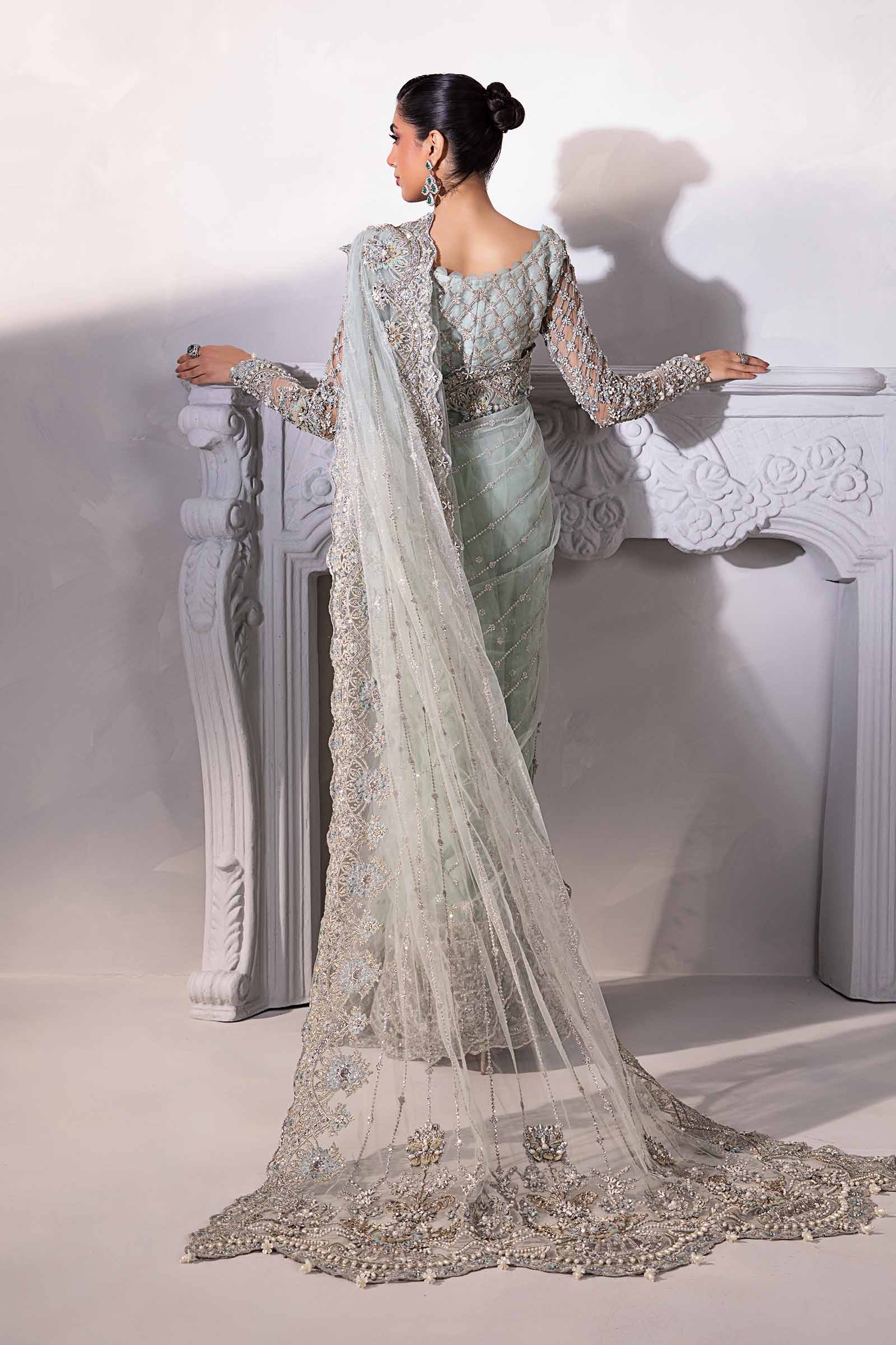 Pakistani Aqua 3D Floral Embroidered Net & Raw Silk Saree (3-Piece) - Image 6