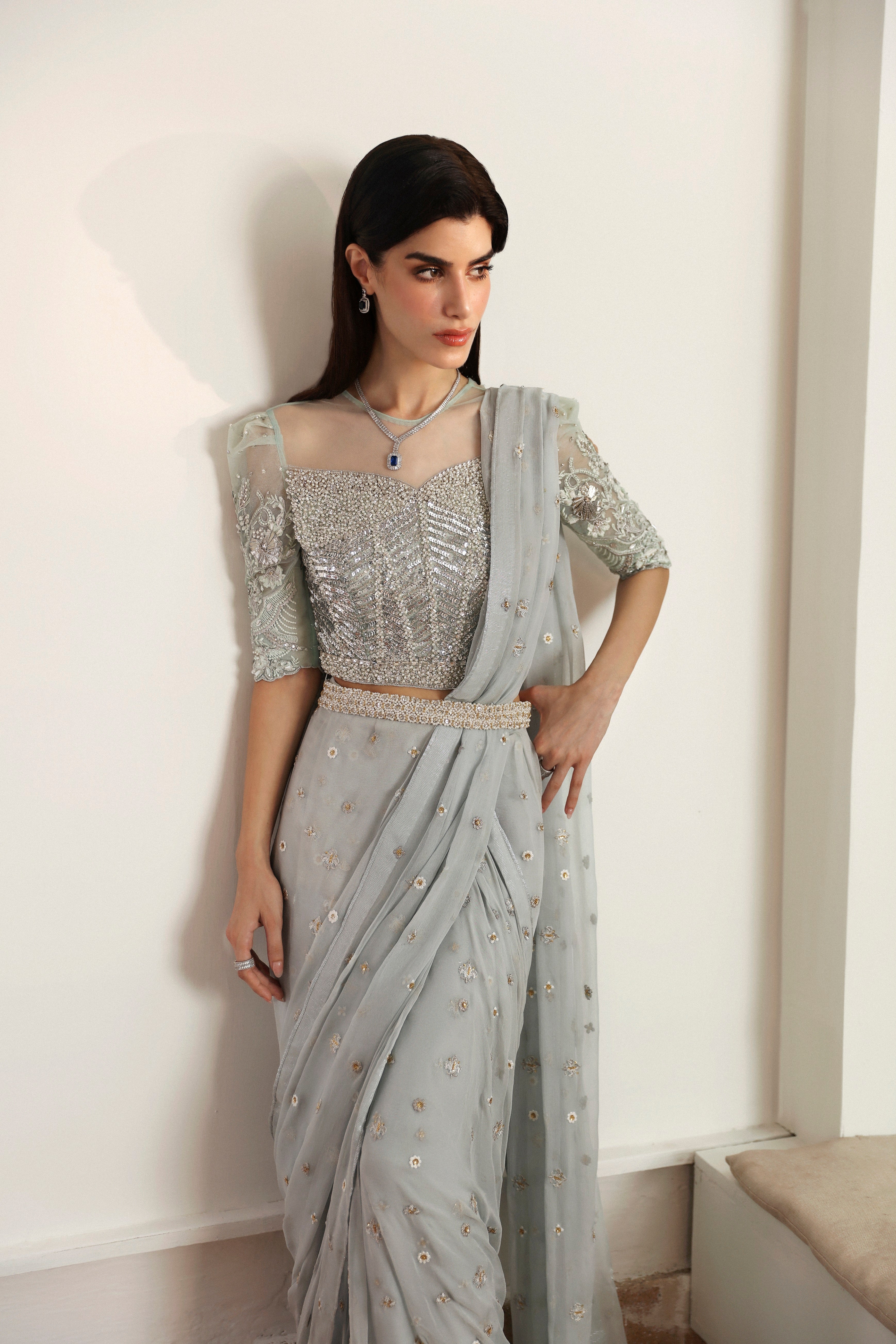 Pakistani Ice Blue Hand-Embellished Net & Chiffon Saree (2-Piece) - Image 2