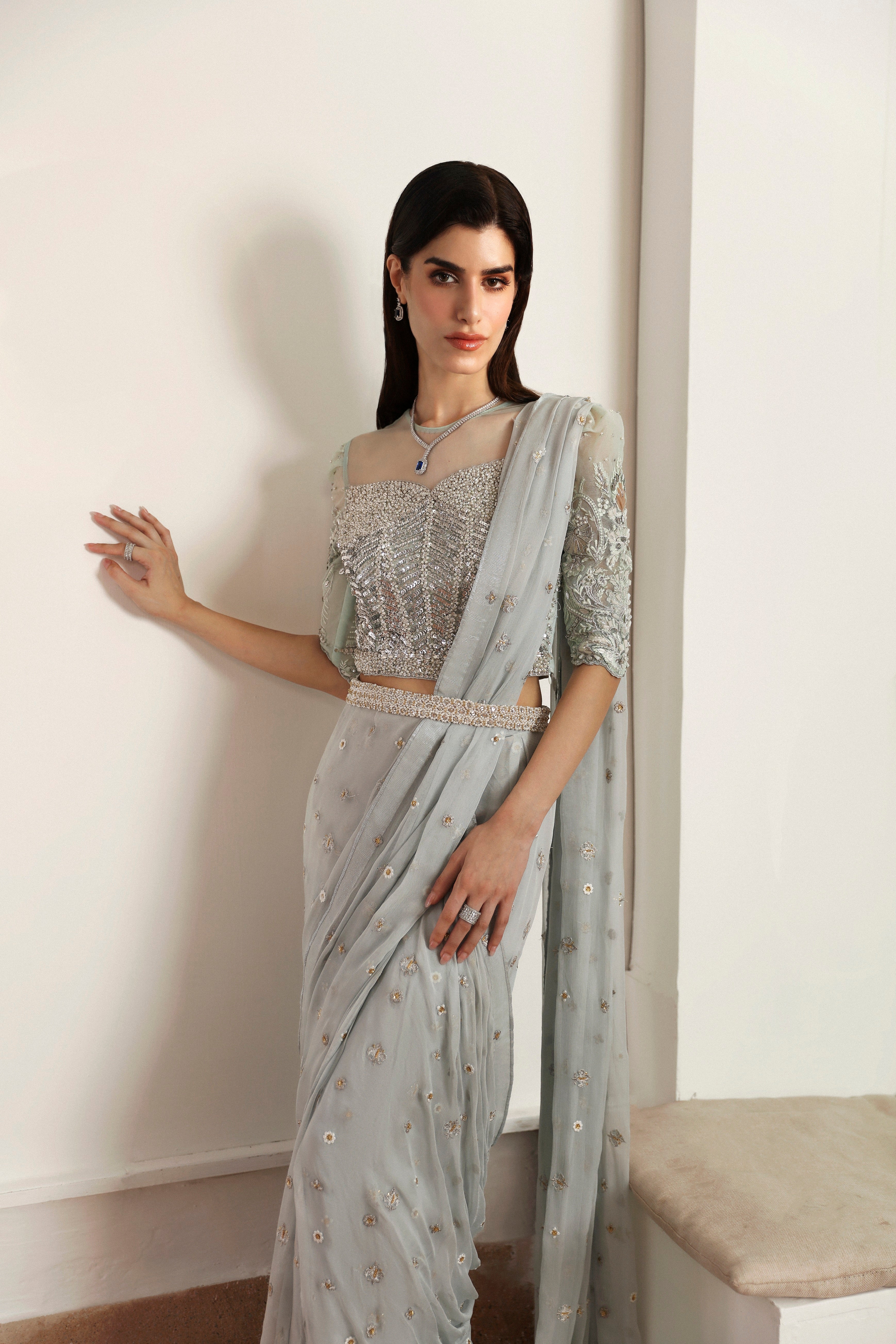 Pakistani Ice Blue Hand-Embellished Net & Chiffon Saree (2-Piece) - Image 3