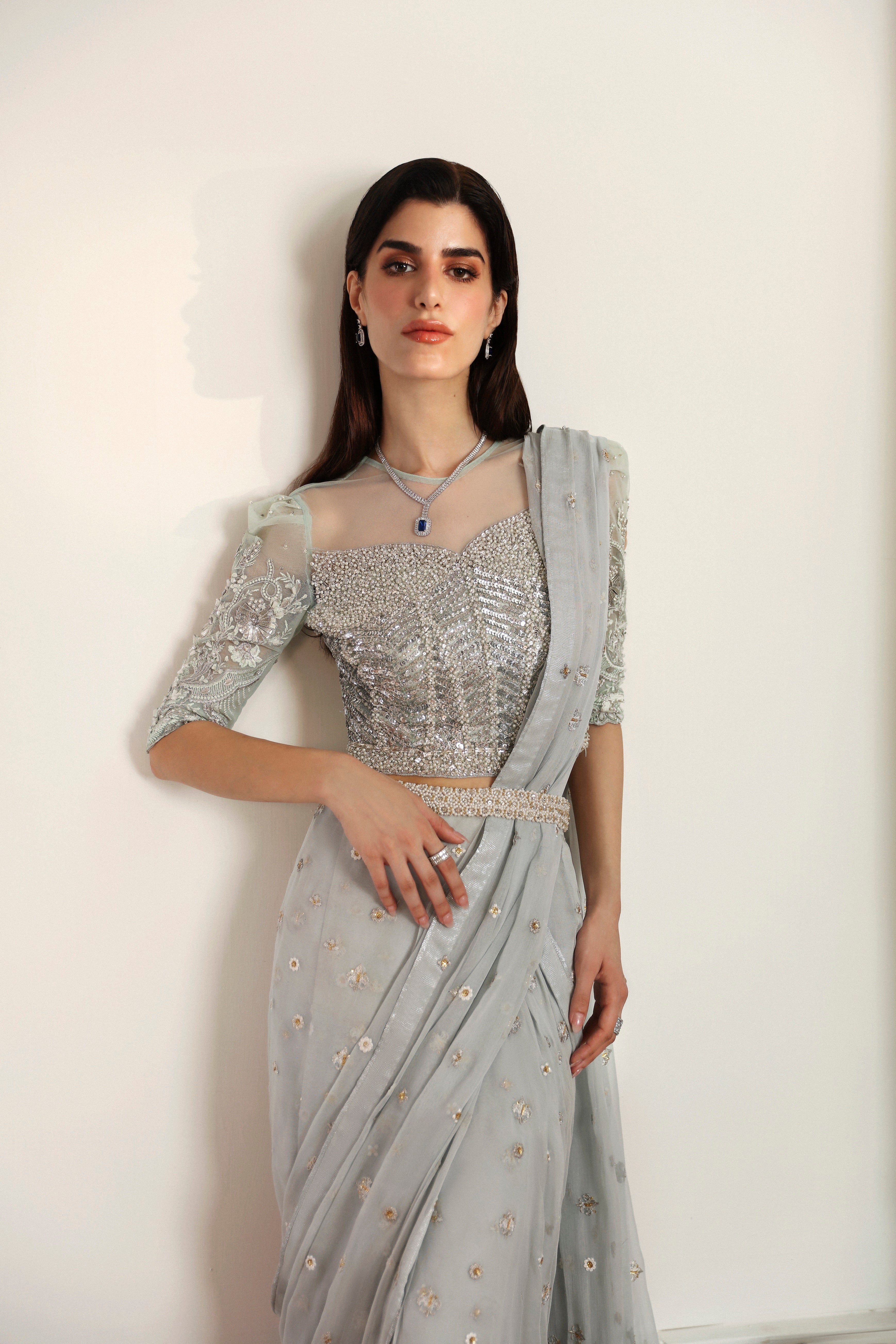 Pakistani Ice Blue Hand-Embellished Net & Chiffon Saree (2-Piece) - Image 4