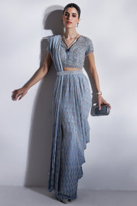 Pakistani Ice Blue Embellished Net & Silk Saree (2-Piece) - Image 1