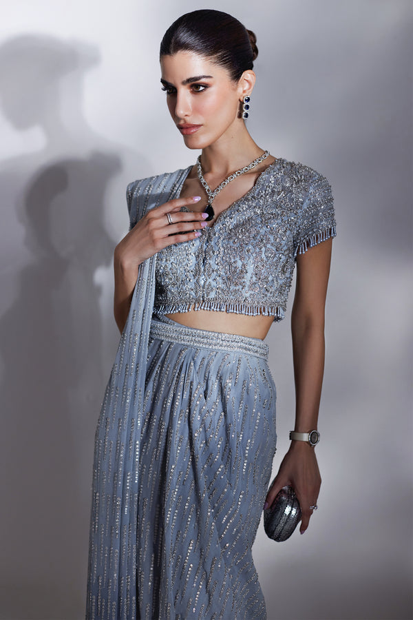 Pakistani Ice Blue Embellished Net & Silk Saree (2-Piece) - Image 3