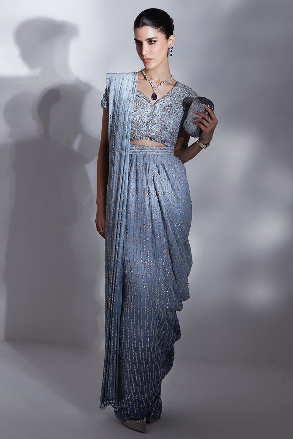 Pakistani Ice Blue Embellished Net & Silk Saree (2-Piece) - Image 6