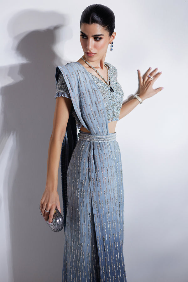 Pakistani Ice Blue Embellished Net & Silk Saree (2-Piece) - Image 8