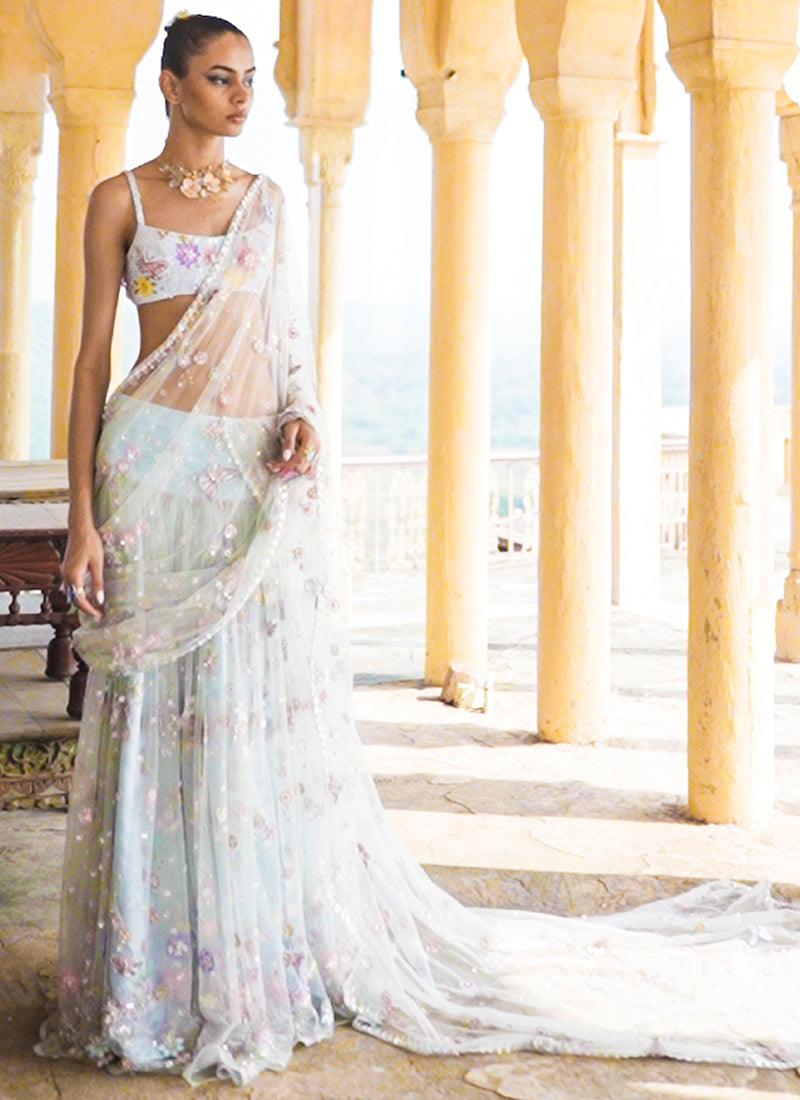 Indian Dusty Blue Embroidered Net Saree (2-Piece) - Image 1