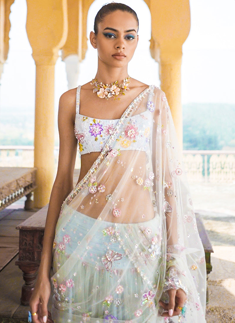 Indian Dusty Blue Embroidered Net Saree (2-Piece) - Image 2