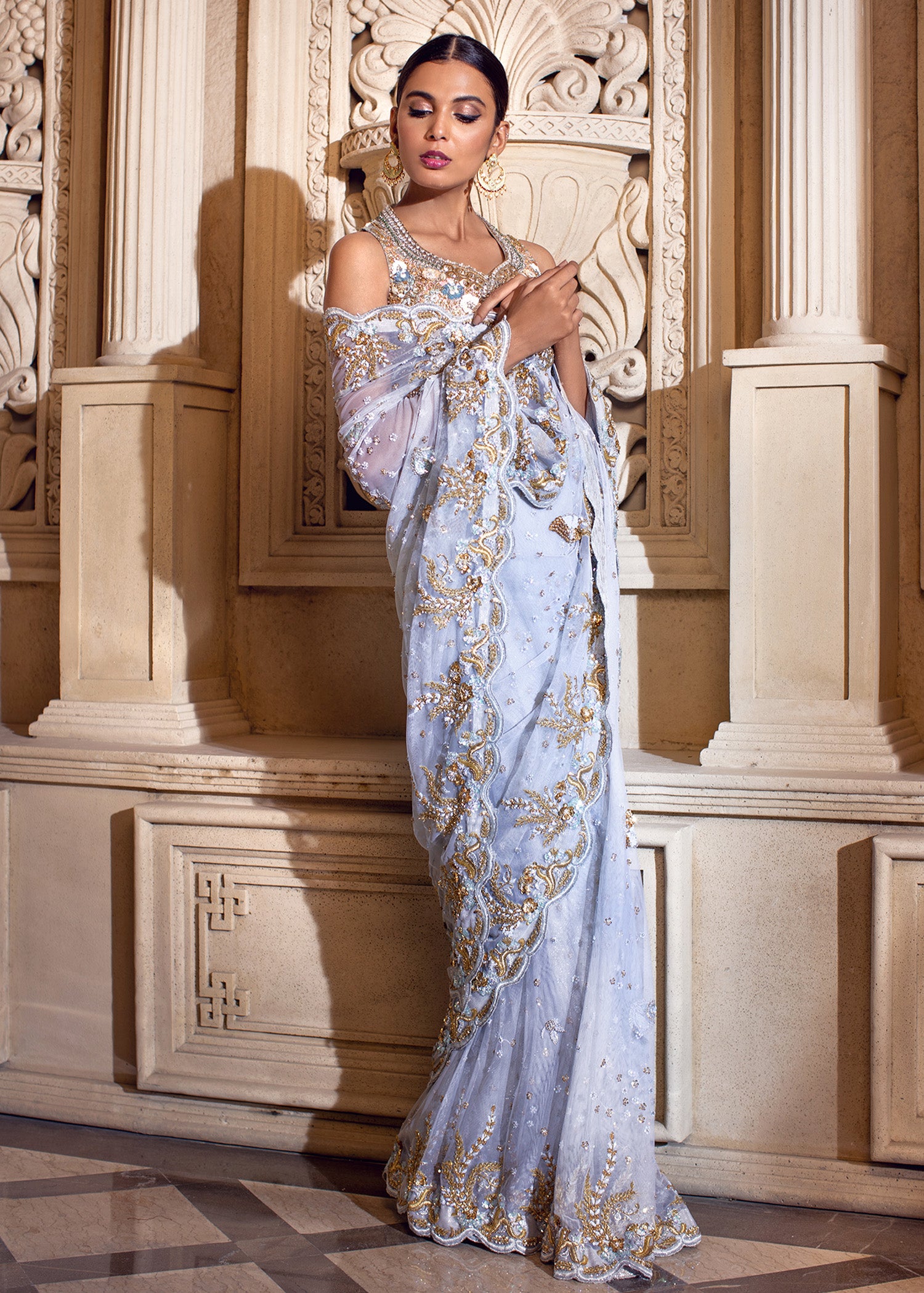 Pakistani Powder Blue Embroidered Net Saree (2-Piece) - Image 1
