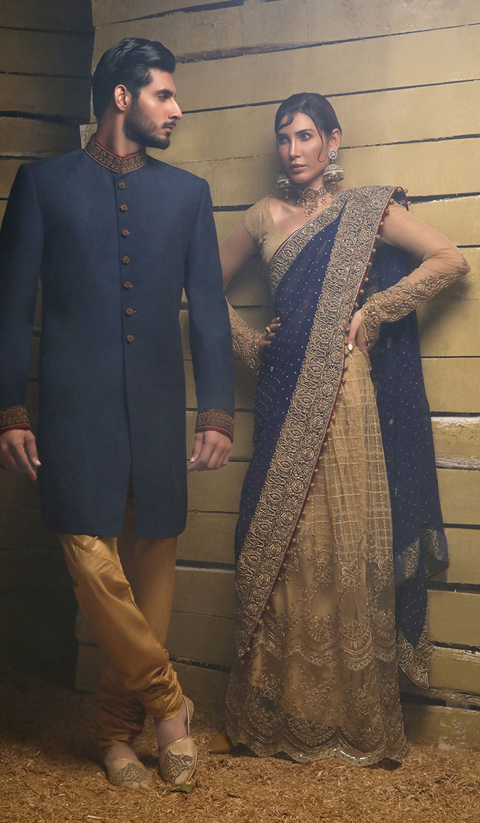 Deep Blue Gold Embroidered Net Saree (3-Piece) - Image 1