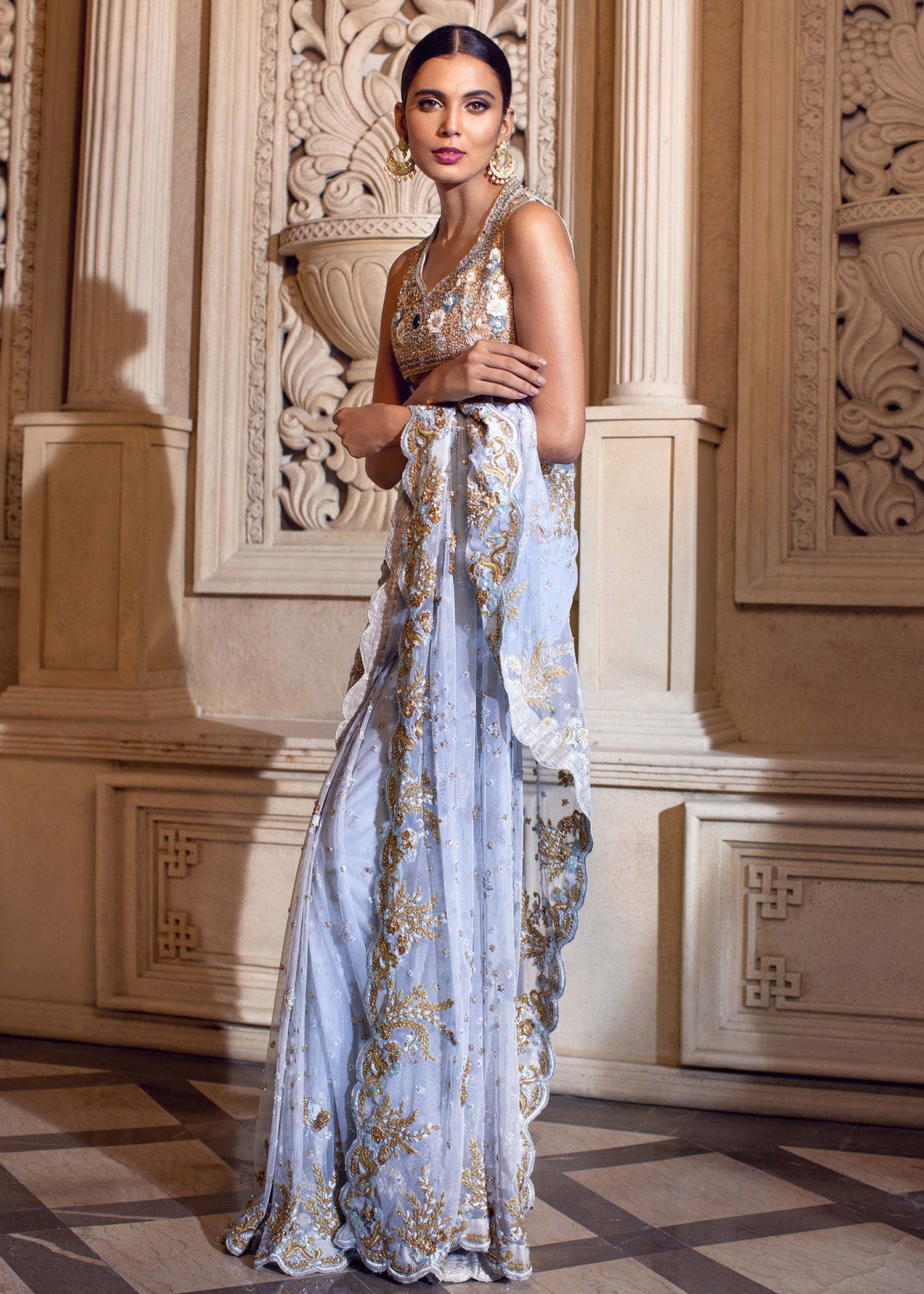 Powder Blue Embroidered Net Saree (2-Piece) - Image 3