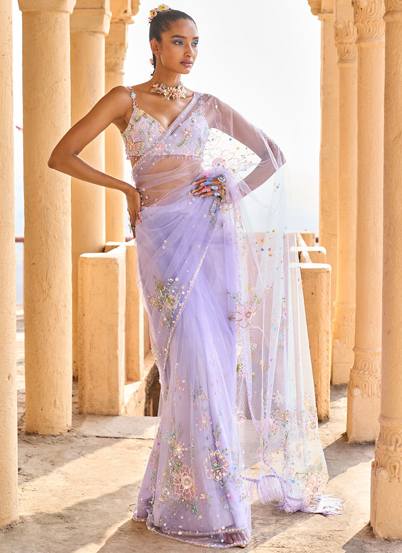Periwinkle Hand Embroidered Net Saree (2-Piece) - Image 1