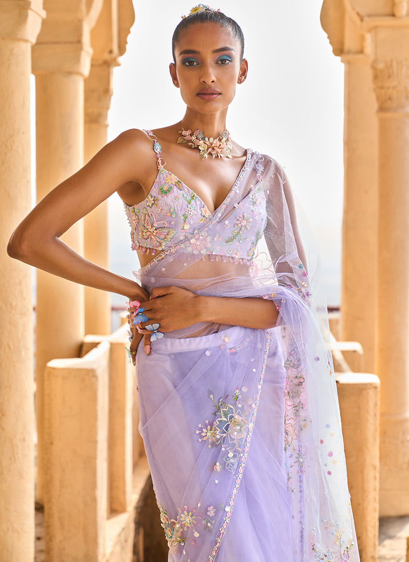Periwinkle Hand Embroidered Net Saree (2-Piece) - Image 2
