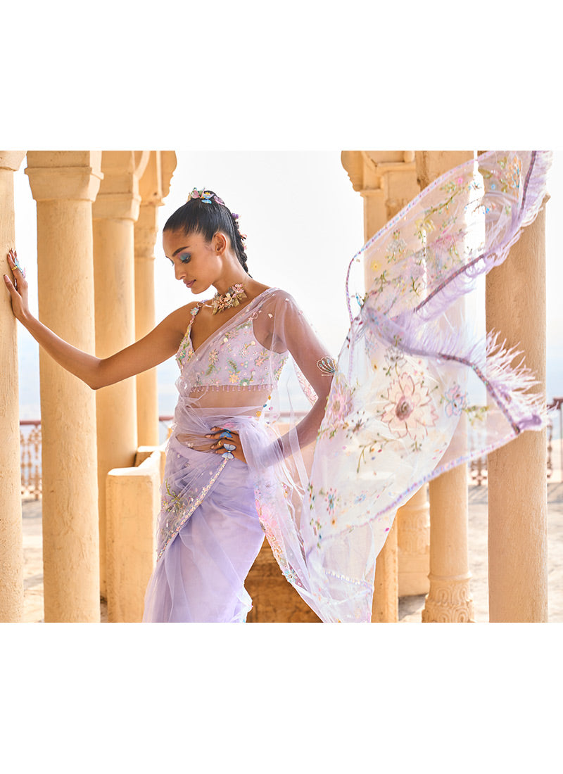 Periwinkle Hand Embroidered Net Saree (2-Piece) - Image 3