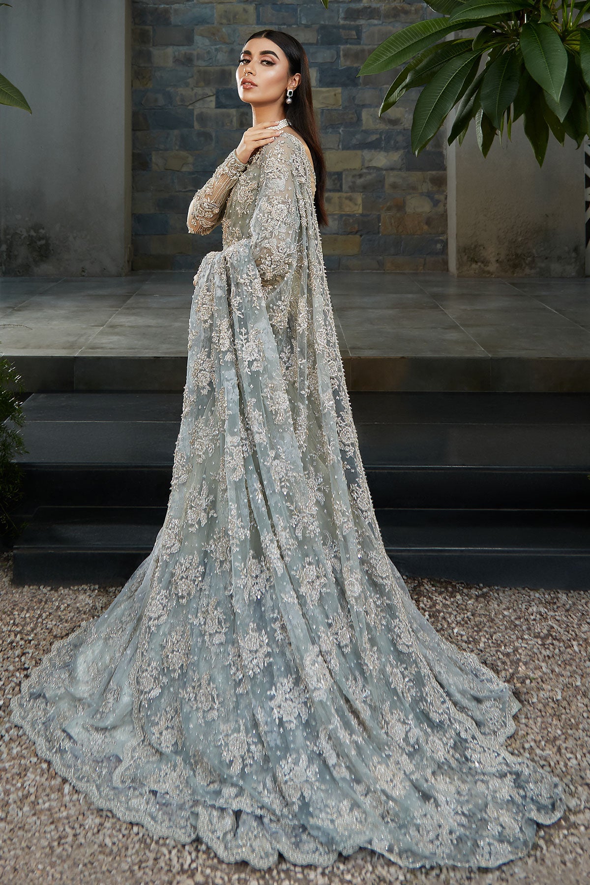Pale Blue Embellished Net Lace Bridal Saree (3-Piece) - Image 1