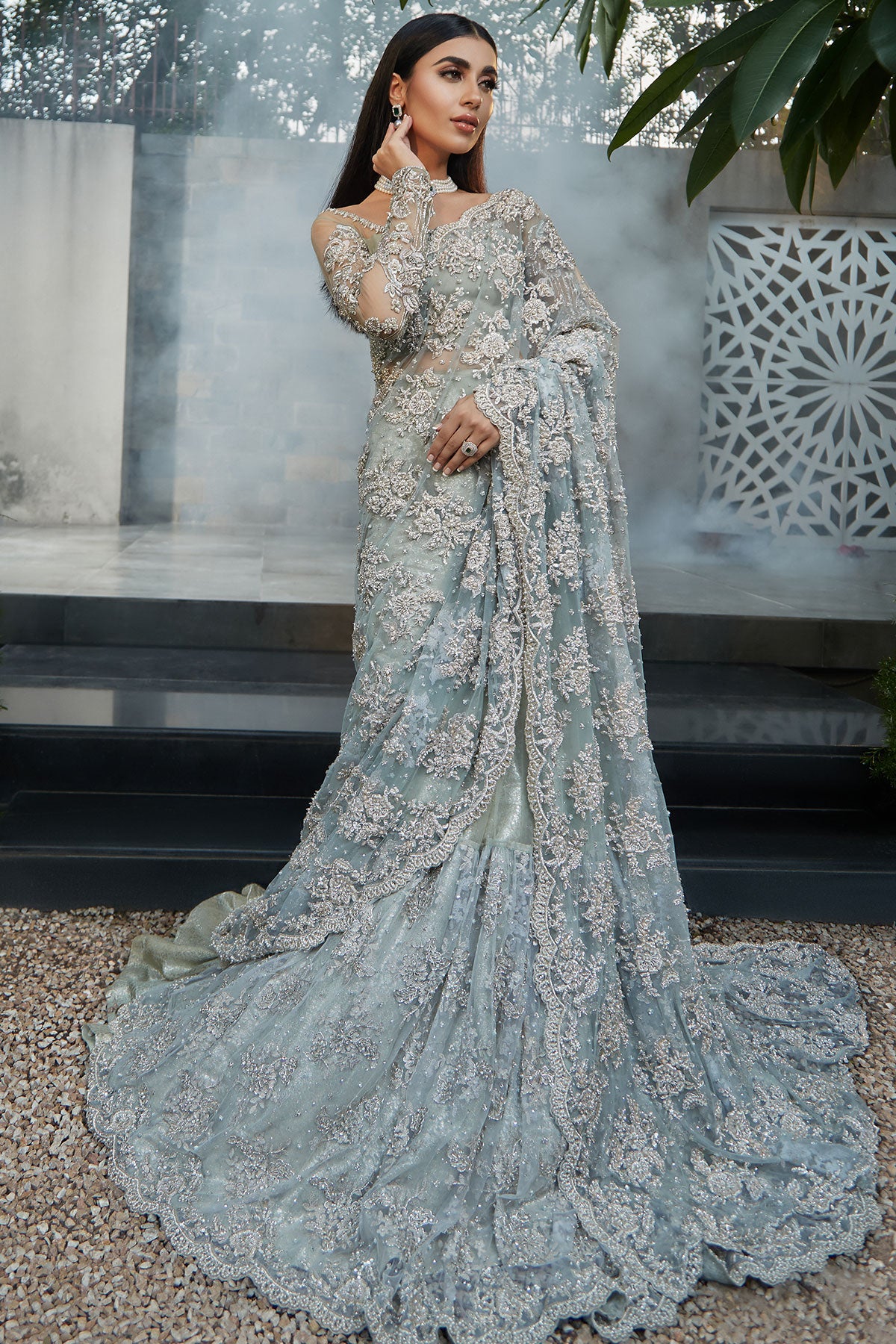 Pale Blue Embellished Net Lace Bridal Saree (3-Piece) - Image 2