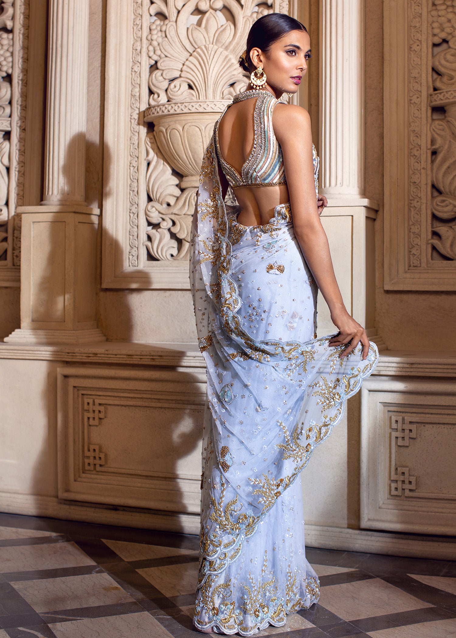 Pakistani Powder Blue Embroidered Net Saree (2-Piece) - Image 4