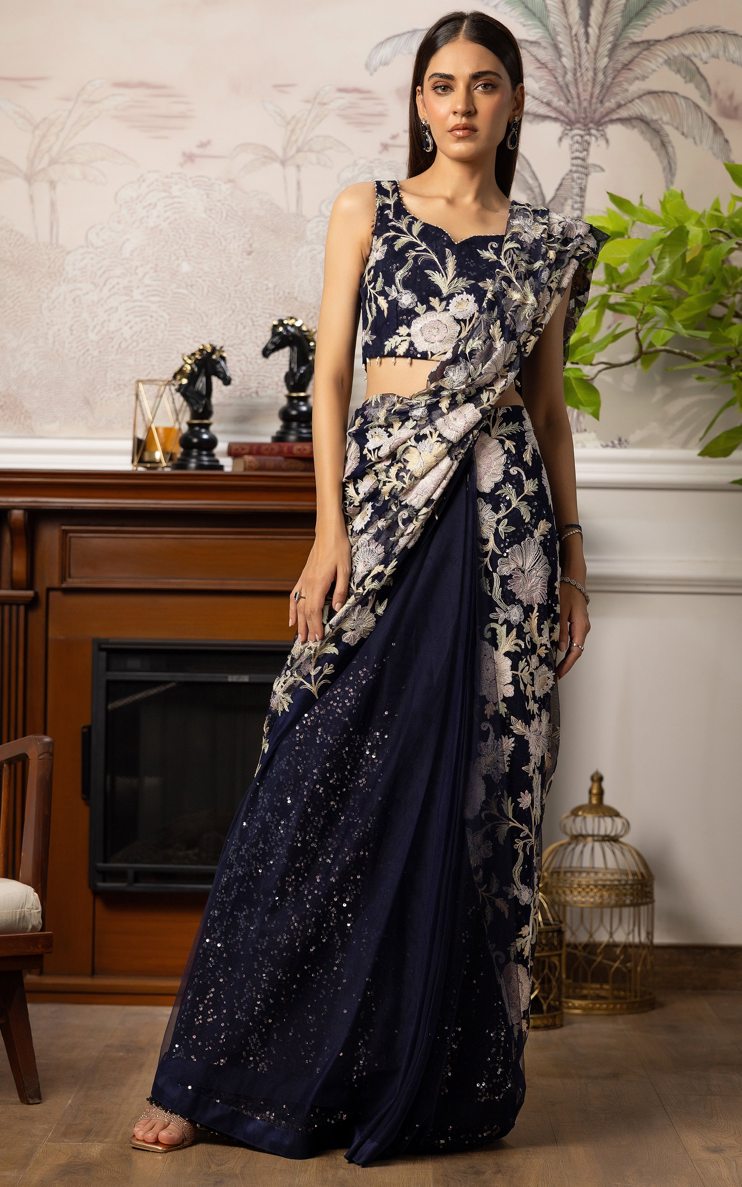 Pakistani Deep Blue Embroidered Net Saree (2-Piece) - Image 1