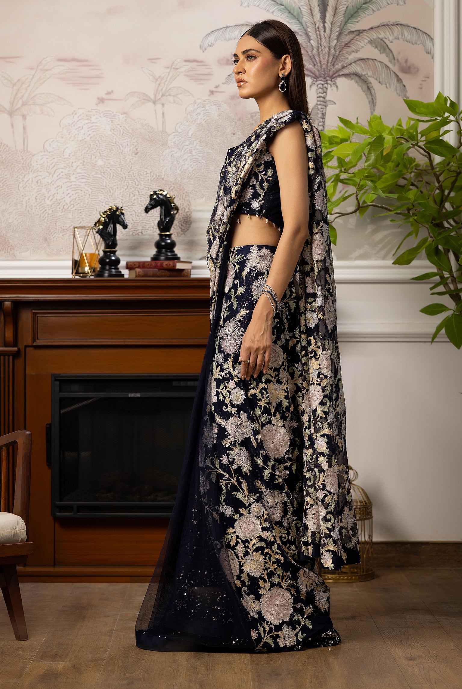 Pakistani Deep Blue Embroidered Net Saree (2-Piece) - Image 3