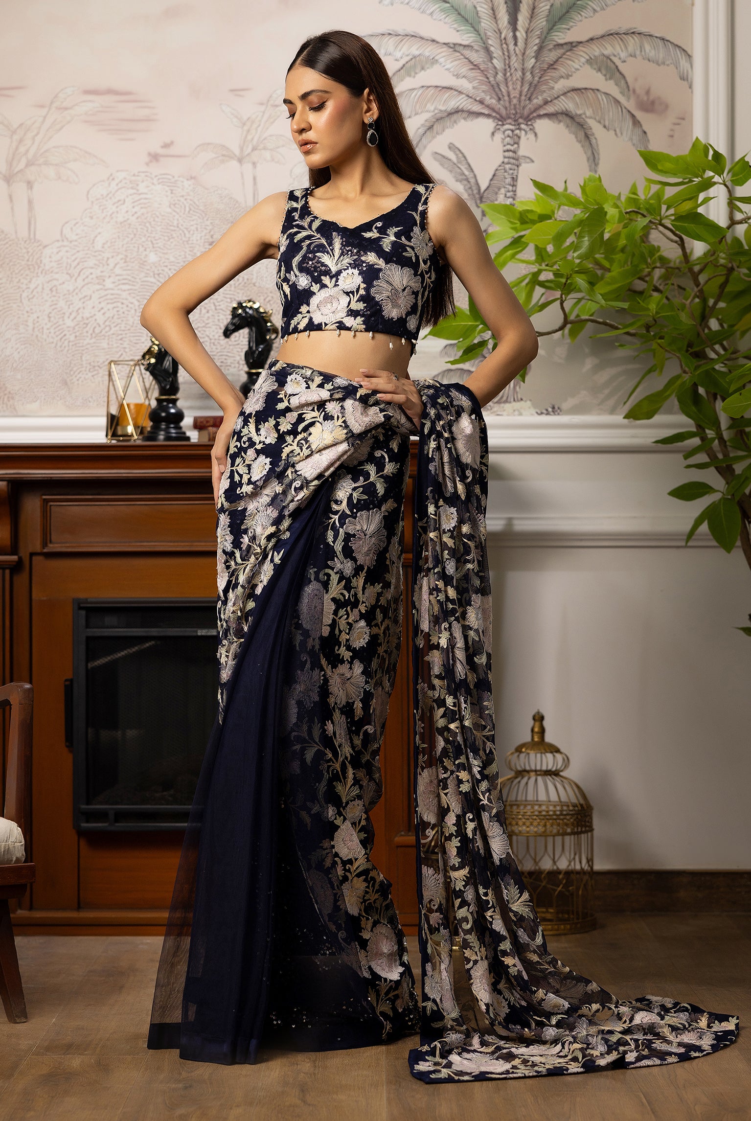 Pakistani Deep Blue Embroidered Net Saree (2-Piece) - Image 4