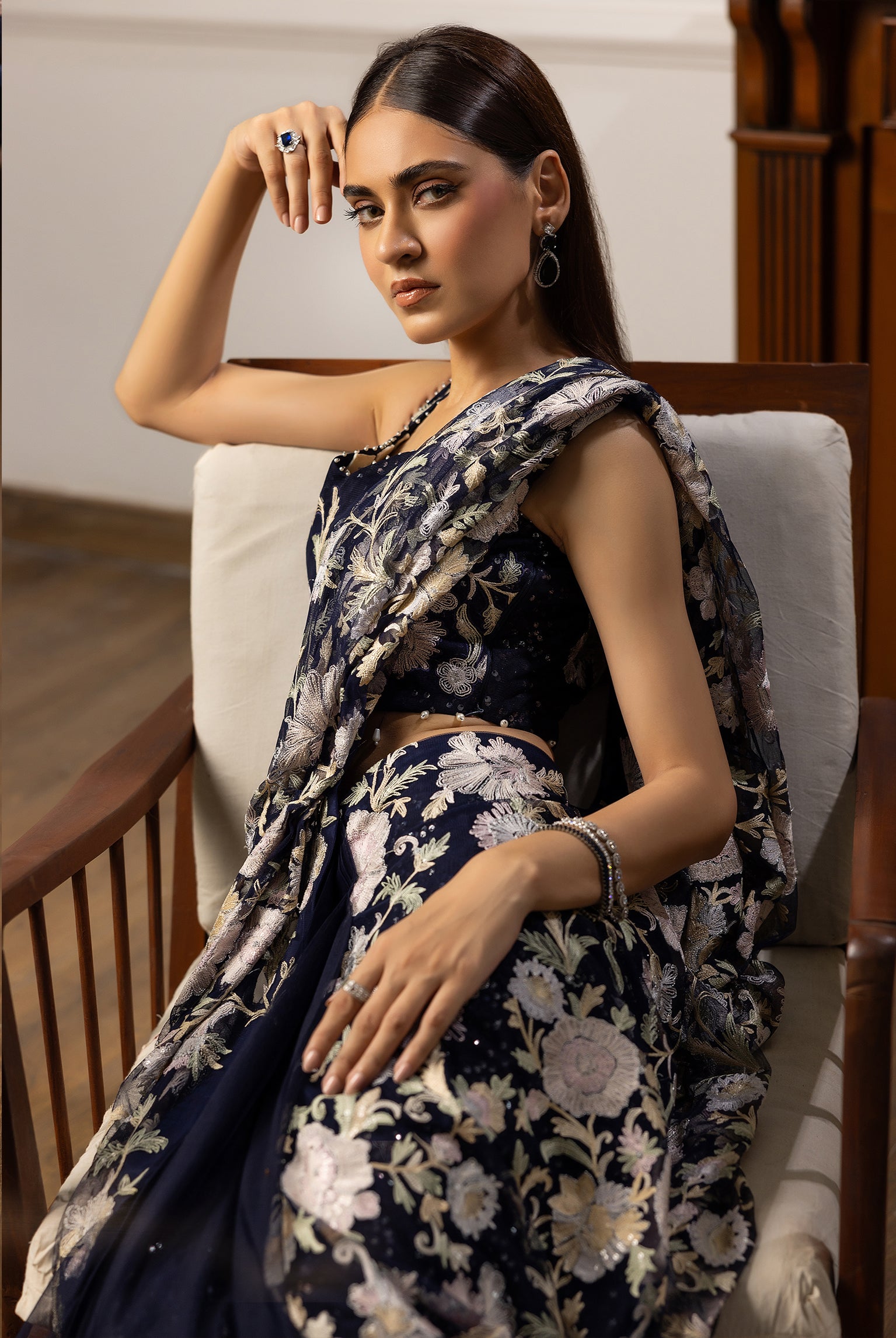 Pakistani Deep Blue Embroidered Net Saree (2-Piece) - Image 5