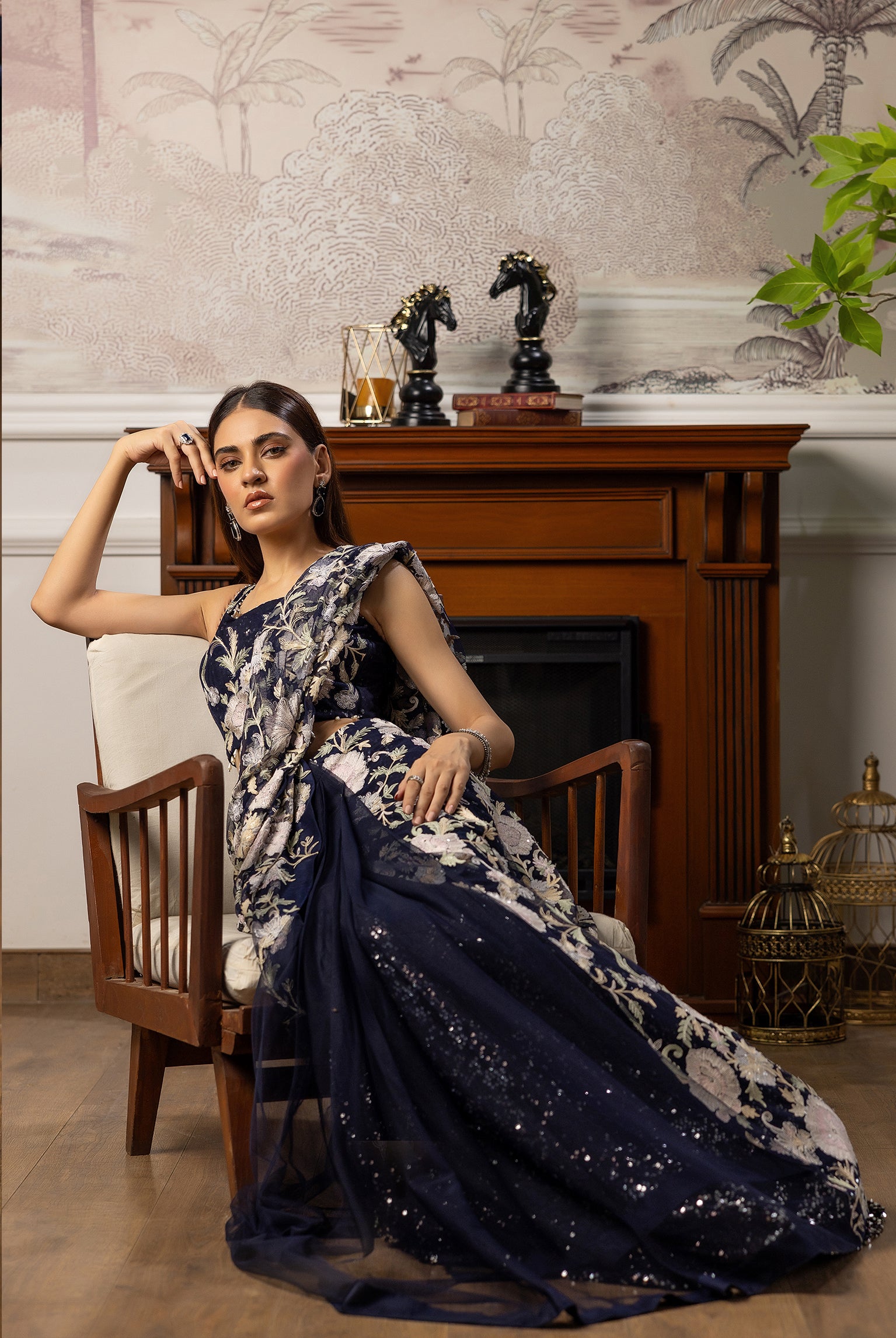 Pakistani Deep Blue Embroidered Net Saree (2-Piece) - Image 6