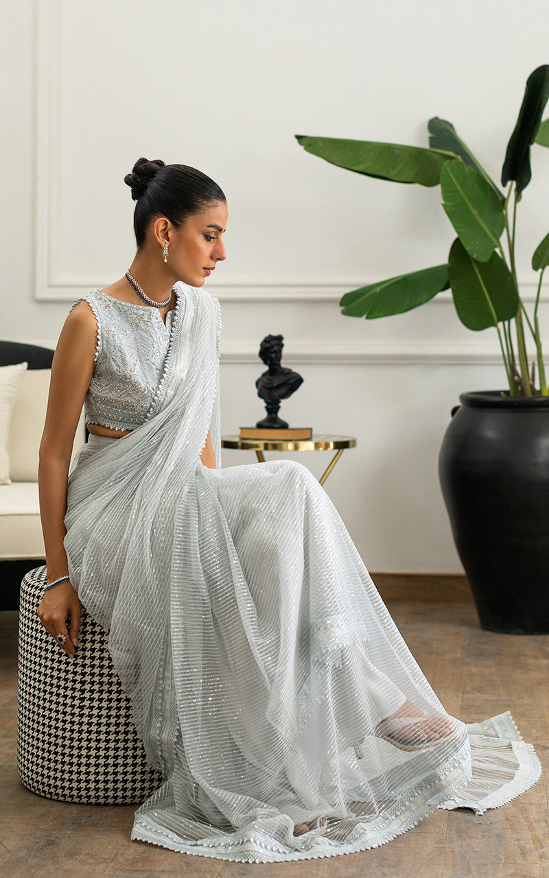 Pakistani Ice Blue Embroidered Net Saree (3-Piece) - Image 4