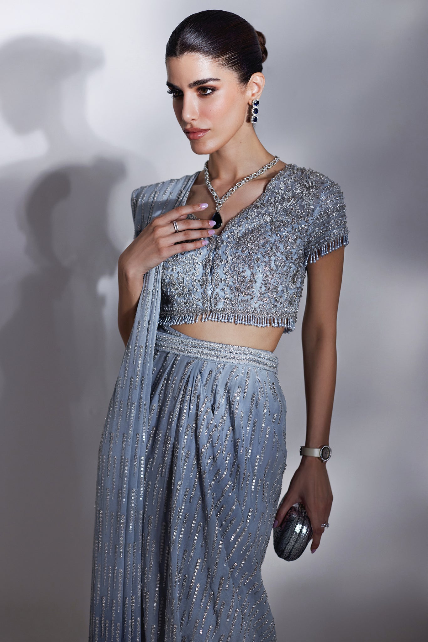 Pakistani Ice Blue Embellished Net Silk Saree (3-Piece) - Image 3