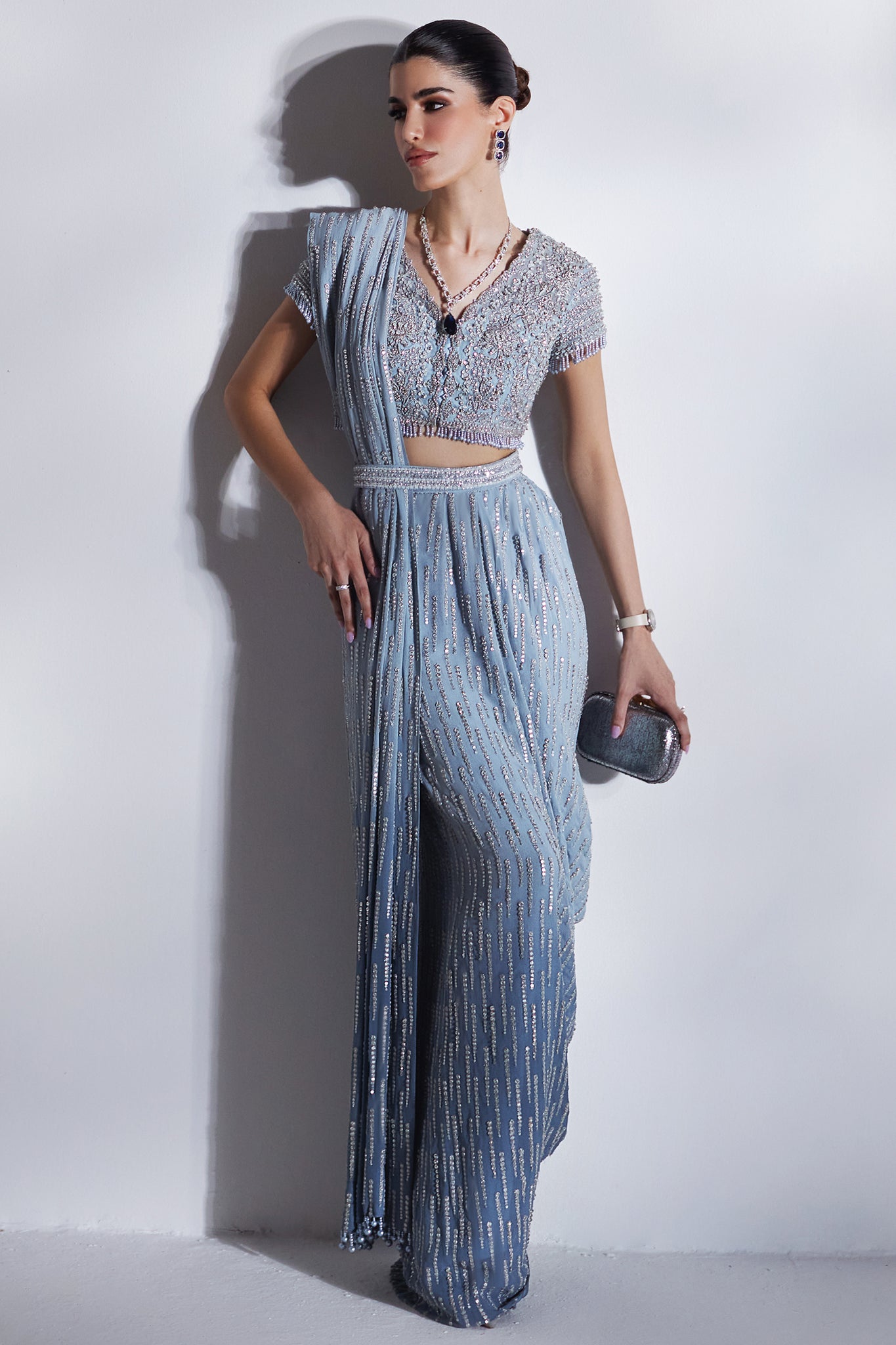 Pakistani Ice Blue Embellished Net Silk Saree (3-Piece) - Image 4