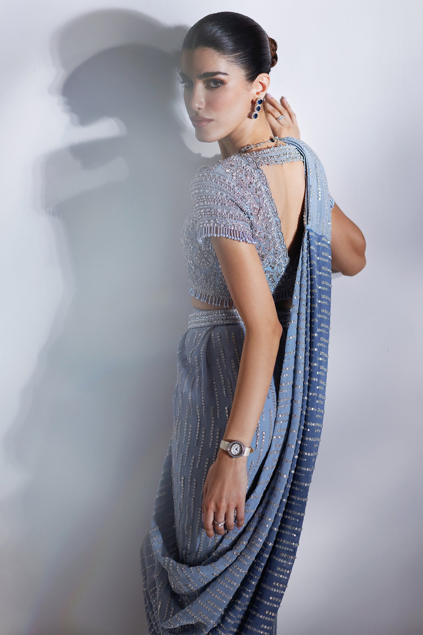 Pakistani Ice Blue Embellished Net Silk Saree (3-Piece) - Image 5