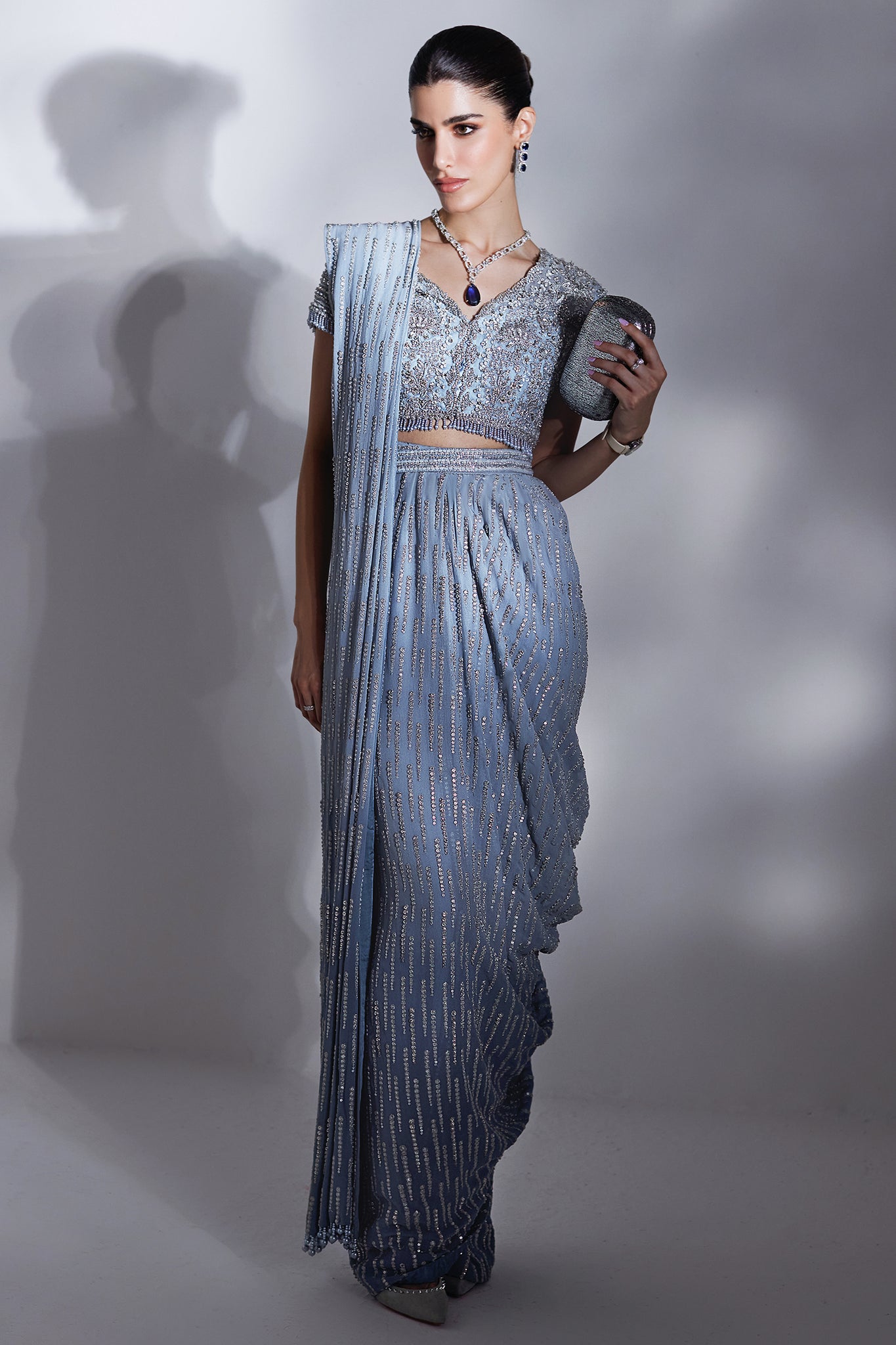 Pakistani Ice Blue Embellished Net Silk Saree (3-Piece) - Image 6