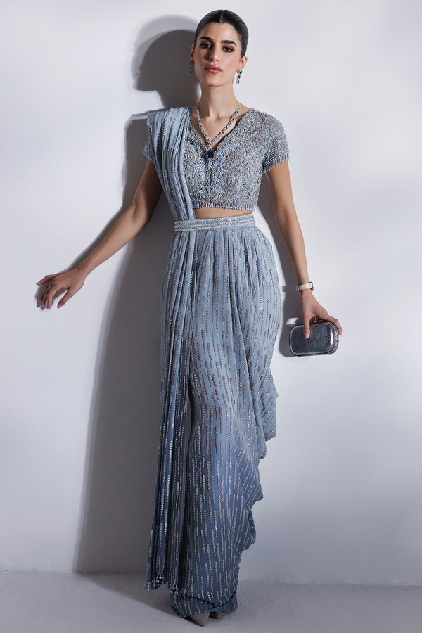 Pakistani Ice Blue Embellished Net Silk Saree (3-Piece) - Image 9