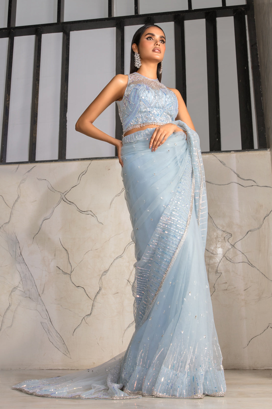 Powder Blue Swarovski Embellished Net Saree (2-Piece) - Image 1